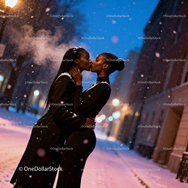 Romantic Winter Kiss Between Two Women in Snowy Evening