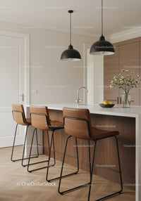 Modern Kitchen with Wooden Cabinets and Brown Leather Bar Stools