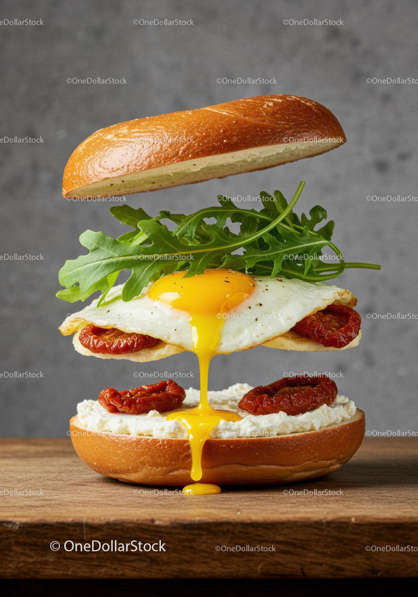 Open breakfast sandwich with runny egg yolk and greens