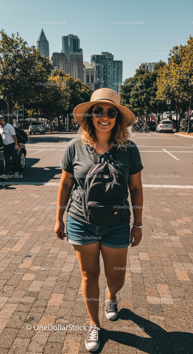 Young woman strolling with city skyline in background