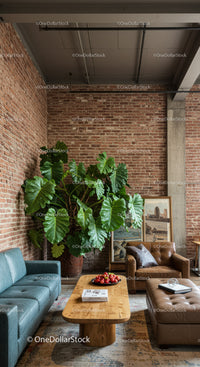 Modern Loft Living Room with Large Green Plant and Brick Wall
