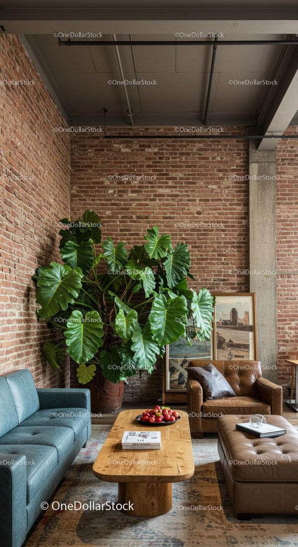 Modern Loft Living Room with Large Green Plant and Brick Wall