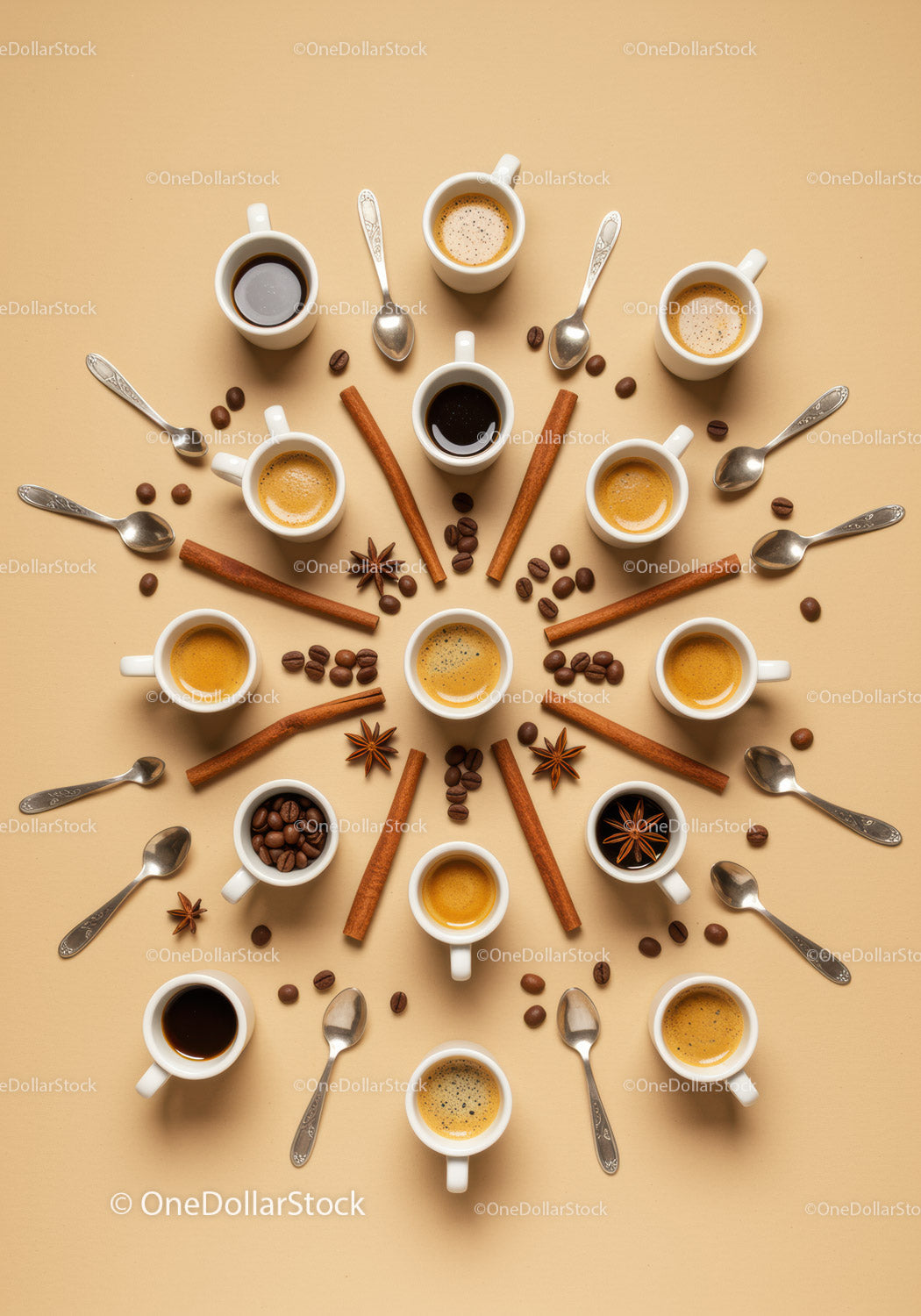 Assorted coffee cups with spices and spoons on beige
