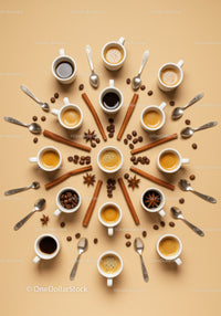 Assorted coffee cups with spices and spoons on beige