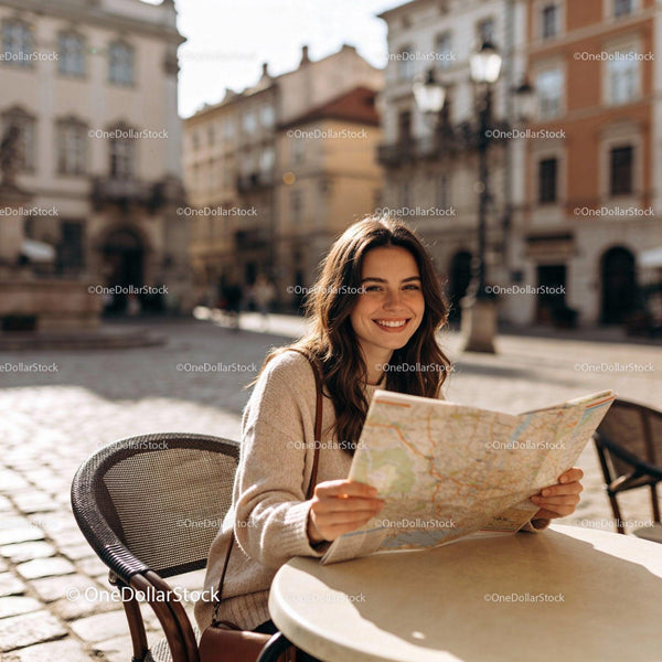 Szczęśliwa podróżniczka odkrywająca ulice miasta z mapą