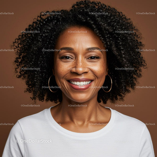 Portrait of a Smiling Woman with Curly Hair and Hoop Earrings