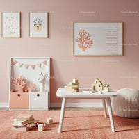 Minimalist Kids Room Decor with Soft Pink Wall Art and Wooden Toys