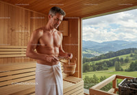Male Man Enjoying Sauna Relaxation with Scenic Mountain View
