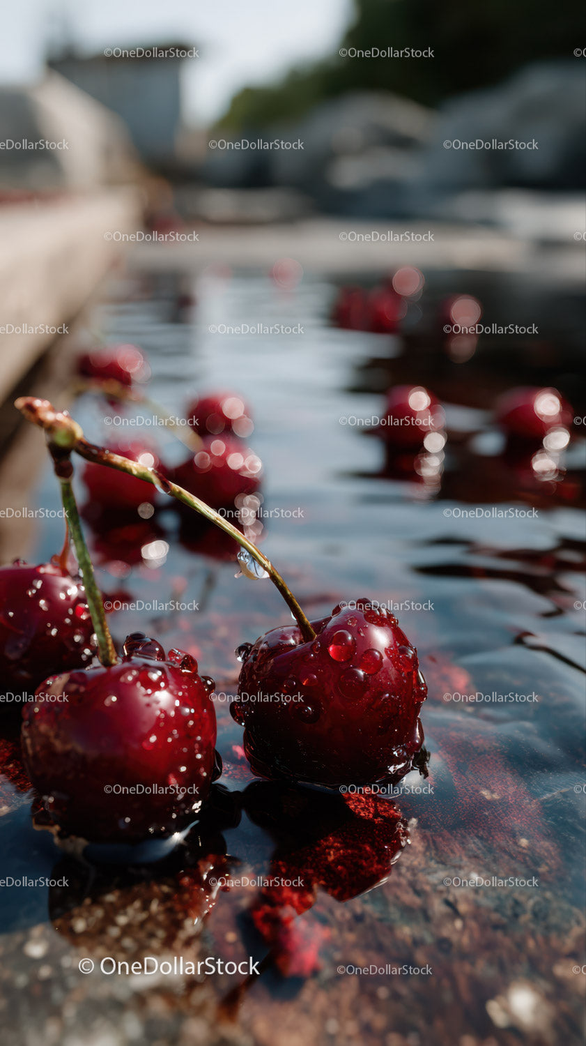 Close-up of Juicy Ripe Cherries with Water Droplets on a Water Surface