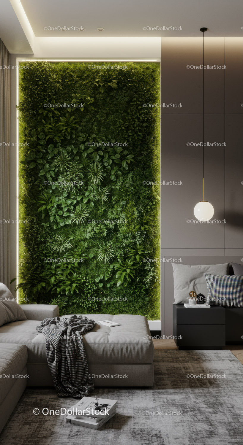 Modern Living Room with Green Plant Wall and Contemporary Decor