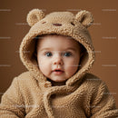 Adorable baby wearing teddy bear hooded coat