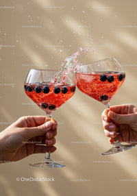 Two hands clinking glasses with sparkling berry cocktail