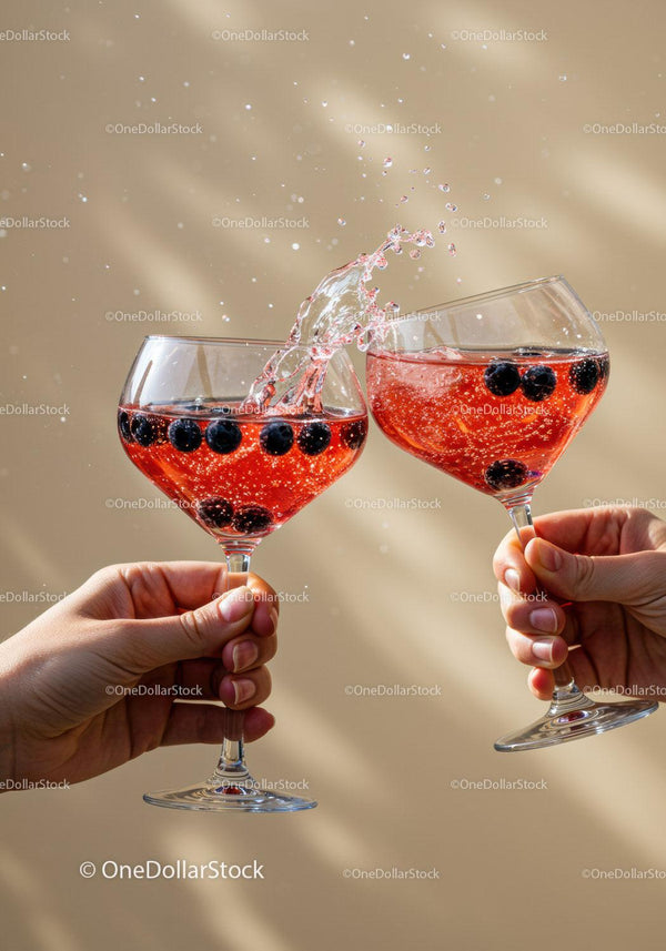Two hands clinking glasses with sparkling berry cocktail