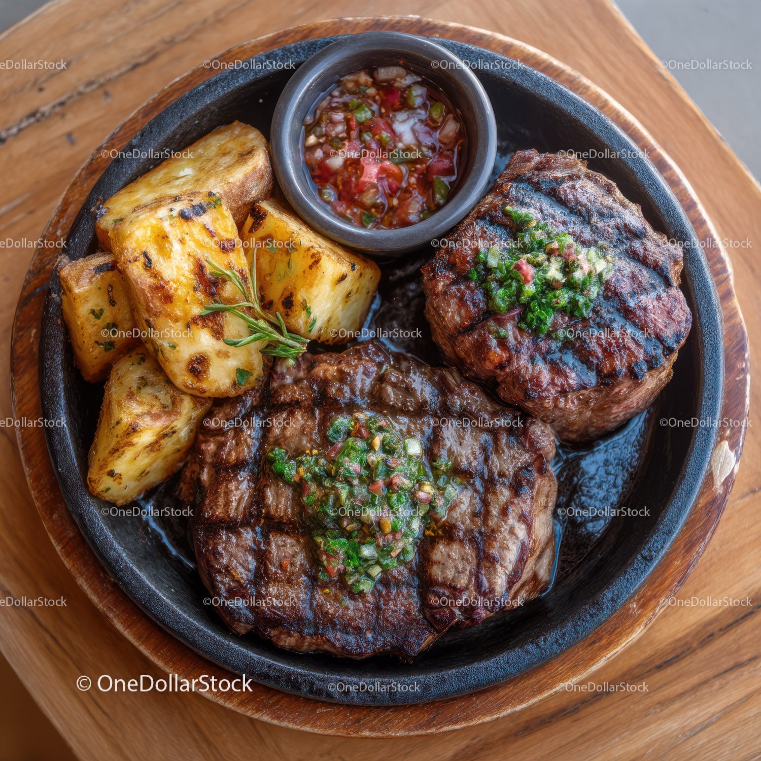 Gourmet Beef Patties with Roasted Potatoes and Spicy Salsa
