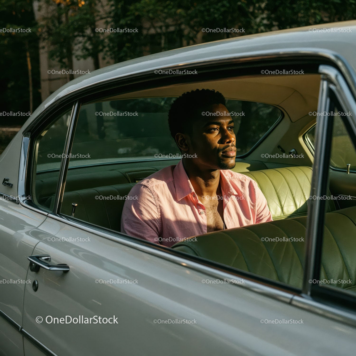 Young Man in Pink Shirt Sitting in Vintage Car on a Sunny Day