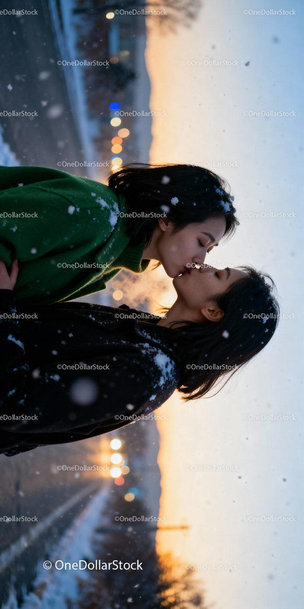Couple kissing tenderly in snowy winter twilight