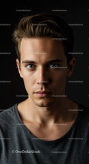 Portrait of serious young man with piercing blue eyes