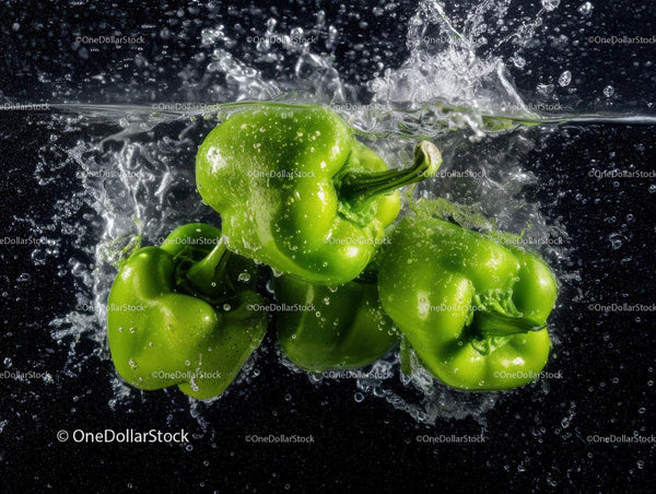 Vibrant Green Bell Peppers Splashing into Water for Freshness