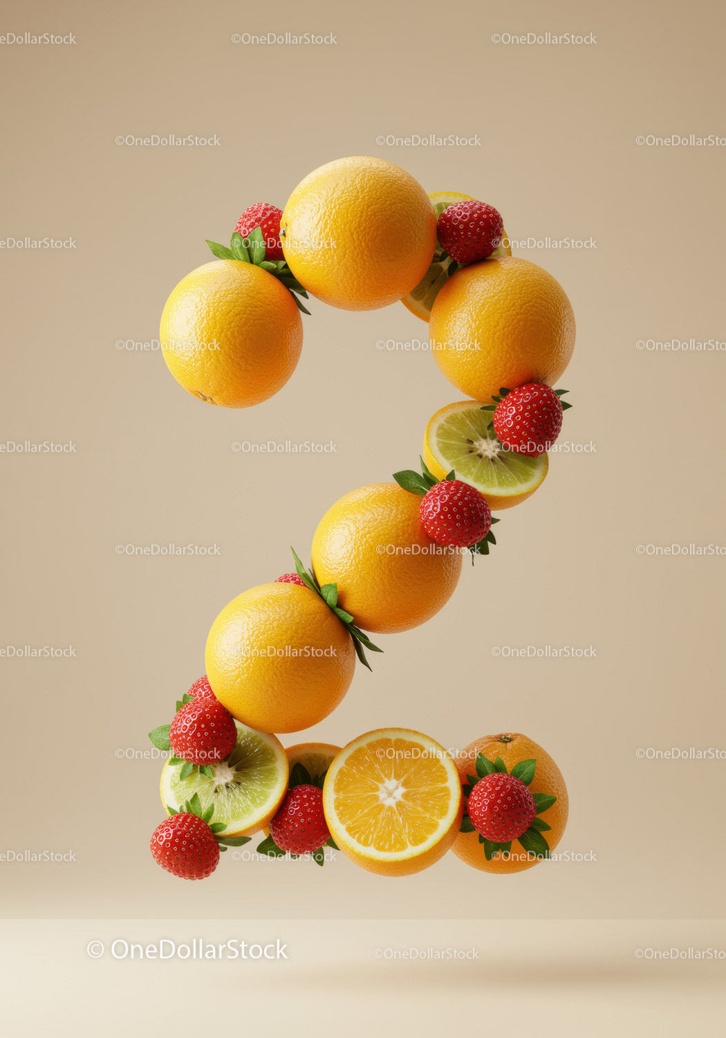 Number two shaped with fresh citrus fruits and strawberries