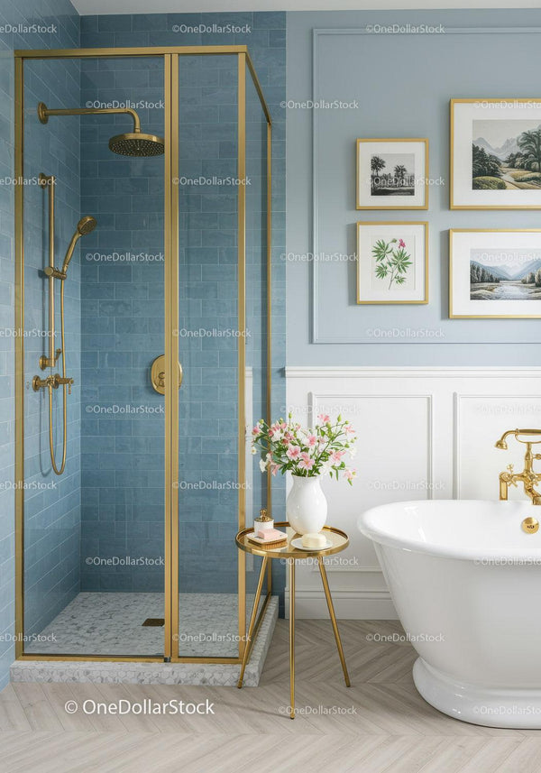 Elegant bathroom with gold accents and blue tiled shower