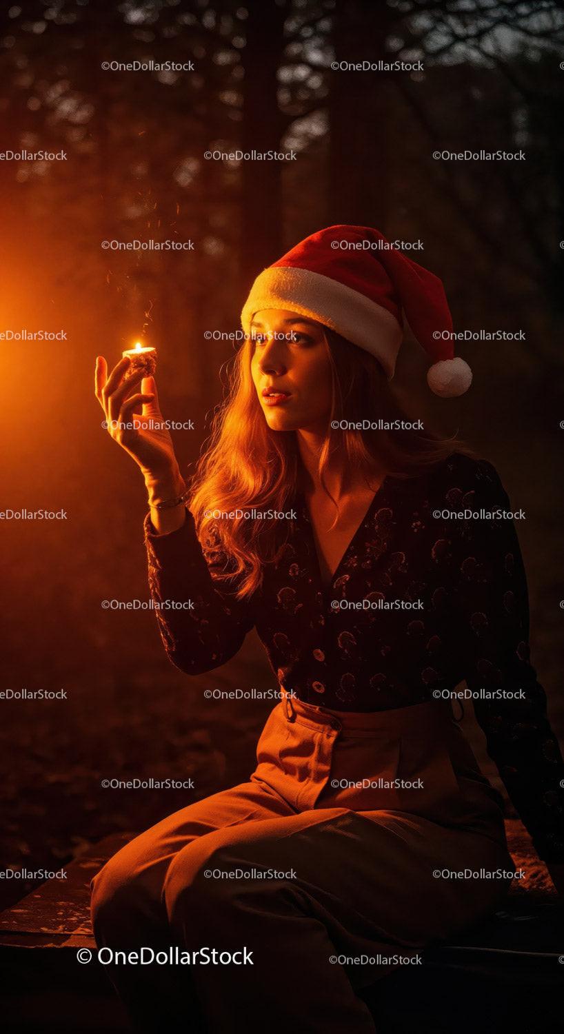 Woman with Santa Hat Holding Candlelight in Forest