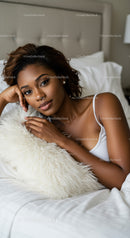 Relaxed woman resting on a fluffy pillow in bed