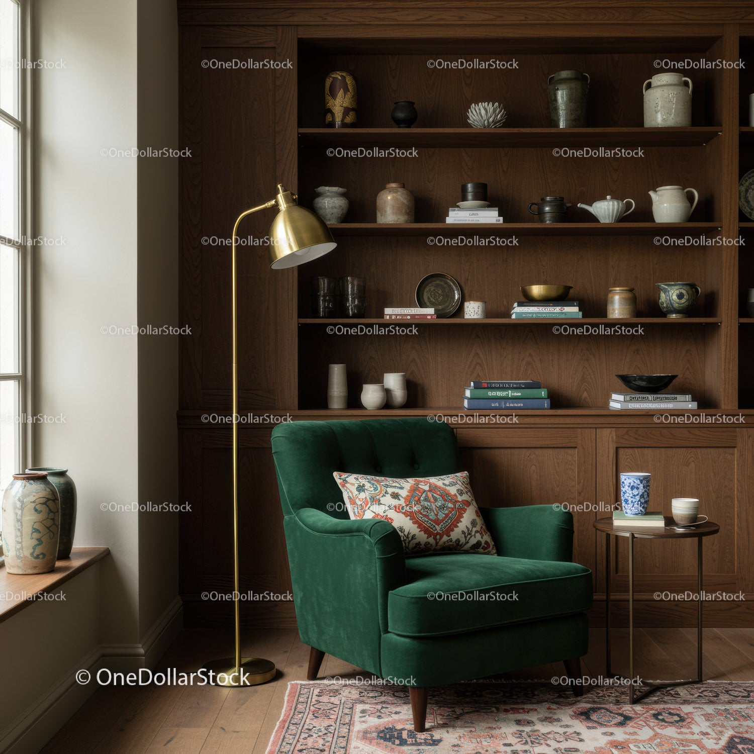 Cozy green armchair by wooden bookshelf and floor lamp