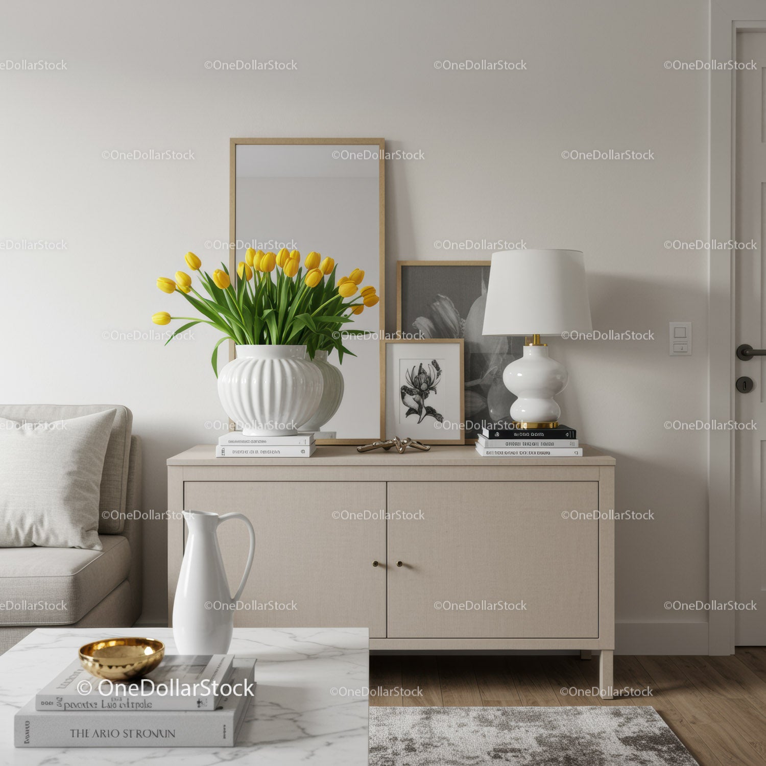 Elegancki, nowoczesny salon z żółtymi tulipanami i minimalistycznym wystrojem