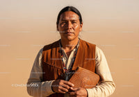 Portrait of a Native American Man with Traditional Attire in Sunny Desert Setting