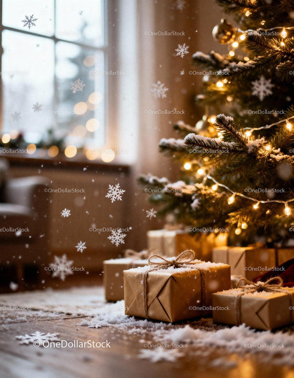 Cozy Christmas gifts under decorated tree with glowing lights