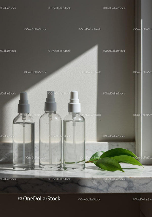 Przezroczyste butelki spray z zielonymi liśćmi na marmurze