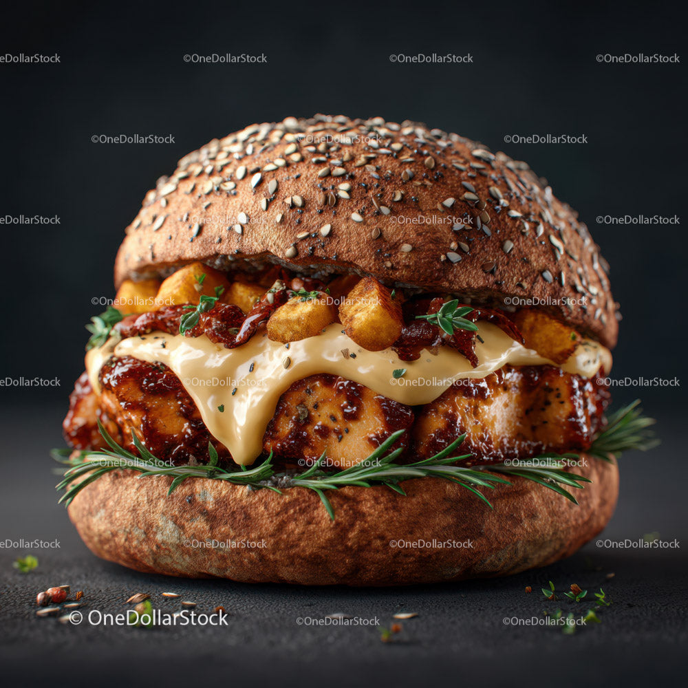 Wykwintny burger z kurczaka z boczkiem i roztopionym serem w bułce z sezamem