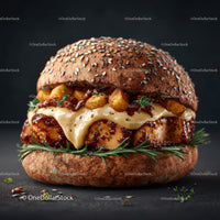Gourmet Chicken Burger with Bacon and Melted Cheese on Sesame Seed Bun
