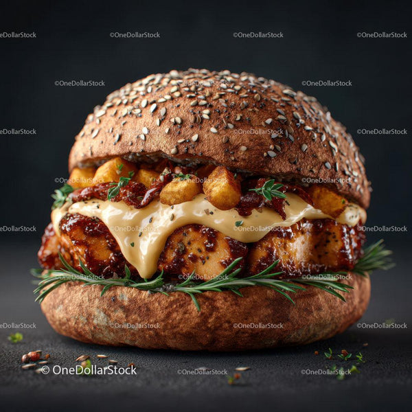 Gourmet Chicken Burger with Bacon and Melted Cheese on Sesame Seed Bun