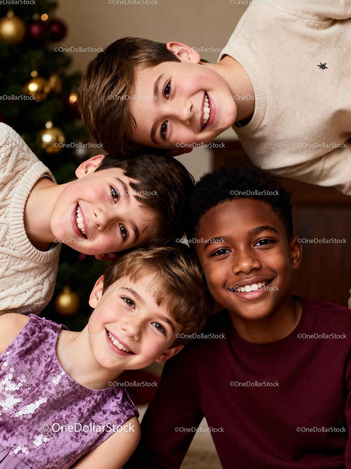 Smiling diverse kids celebrating holiday together