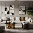 Modern living room with beige sofa and gold accents