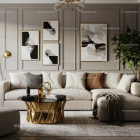 Modern living room with beige sofa and gold accents