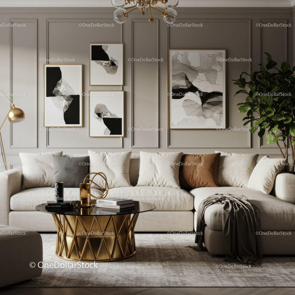 Modern living room with beige sofa and gold accents