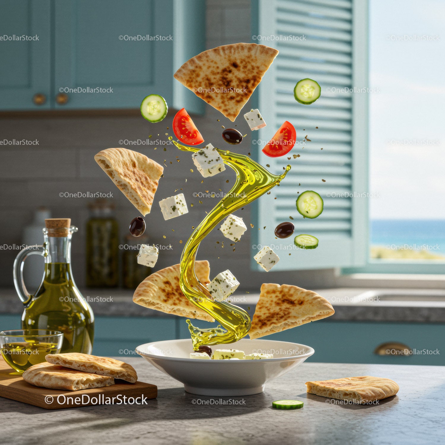 Mediterranean Salad Ingredients Floating Over Bowl