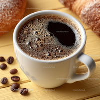 Delicious Coffee in a White Cup with Roasted Beans on Wooden Plate