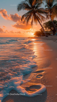 Beautiful Sunset Over Tropical Beach with Palm Trees and Ocean