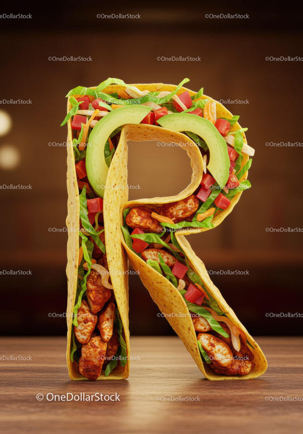 Letter R shaped Mexican taco with fresh ingredients