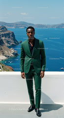 Man in Green Suit Standing by Seaside Cliffside View