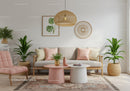 Cozy living room with pastel accents and lush plants