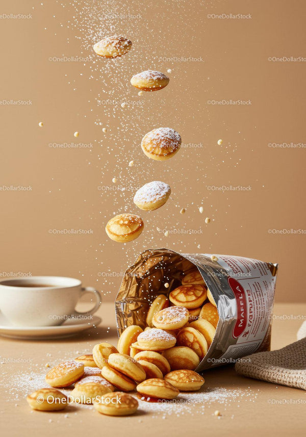 Mini pancakes spilling from bag with powdered sugar dust