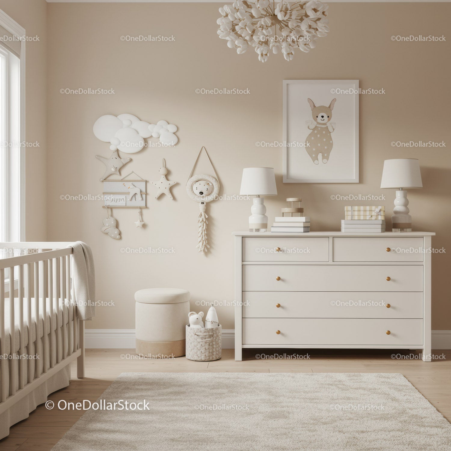 Elegant Nursery Room with White Dresser and Cloud Wall Decor