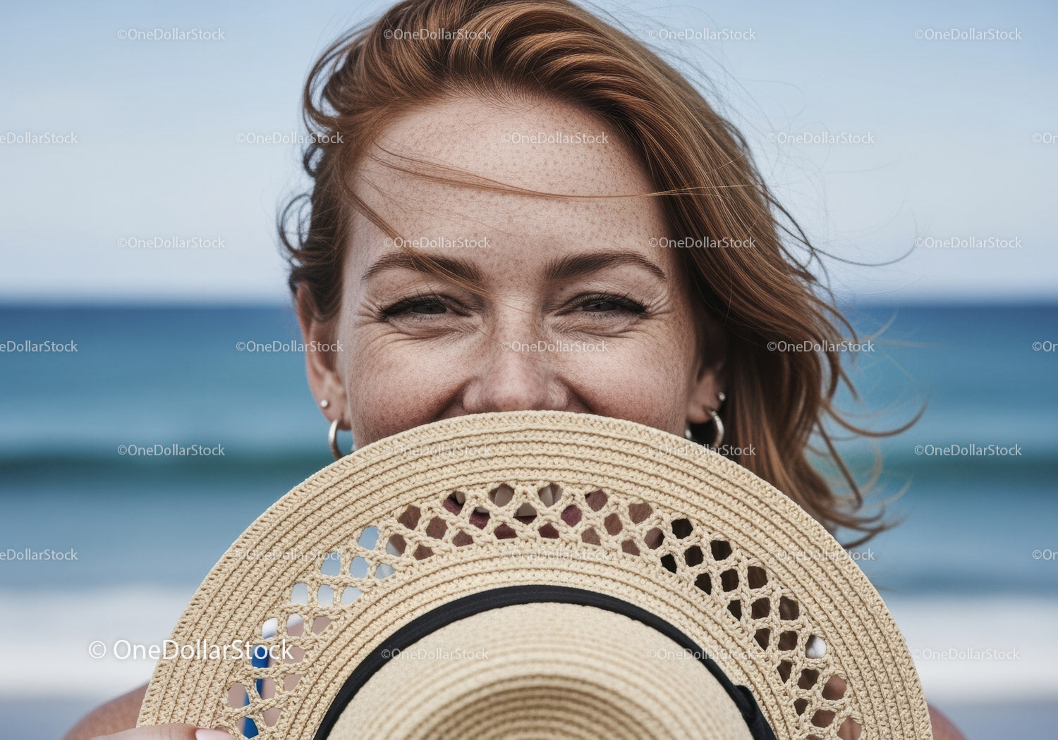Smiling Woman with Straw Hat by the Ocean in Summer Vacation Scene