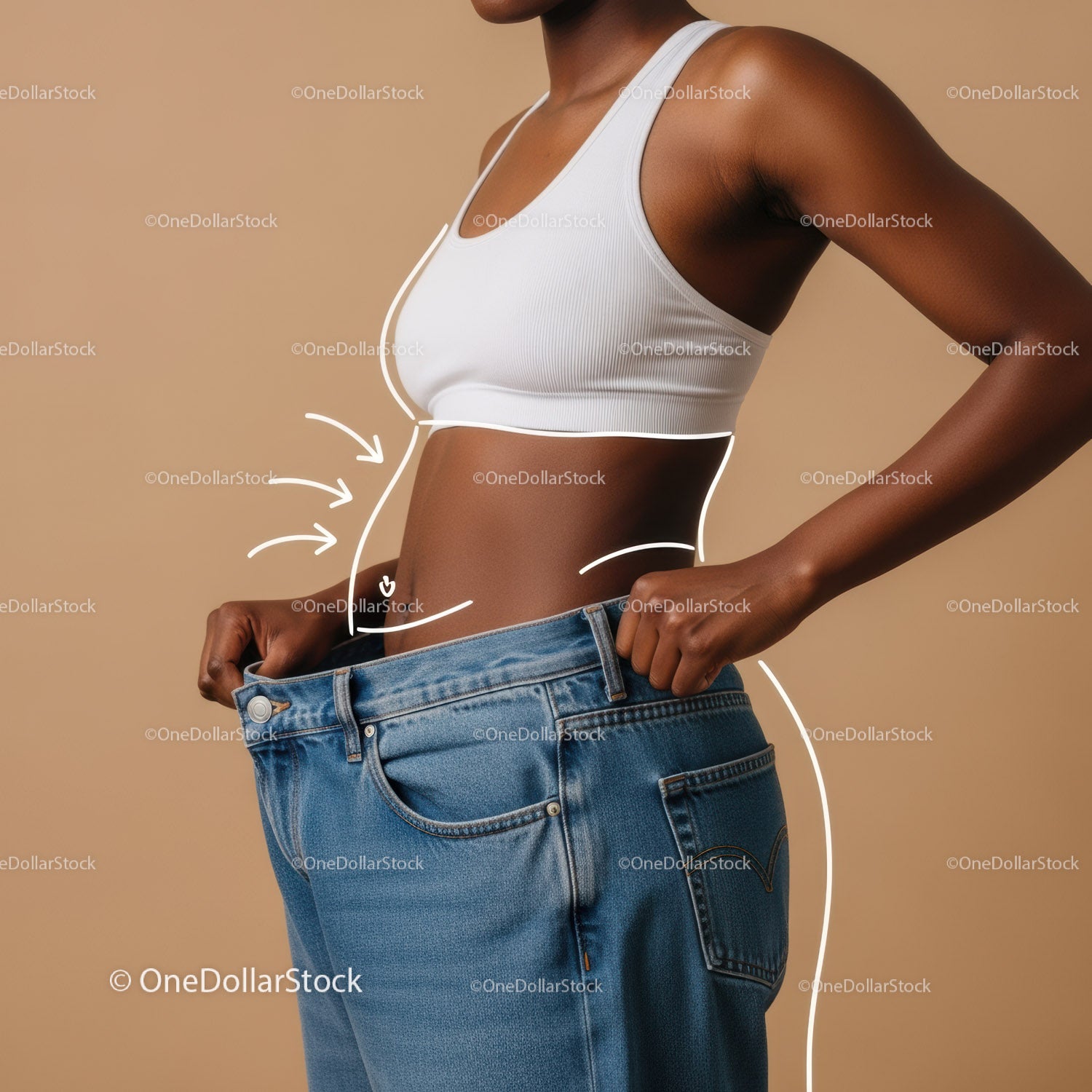 Woman measuring waist in casual fashion with loose jeans and crop top