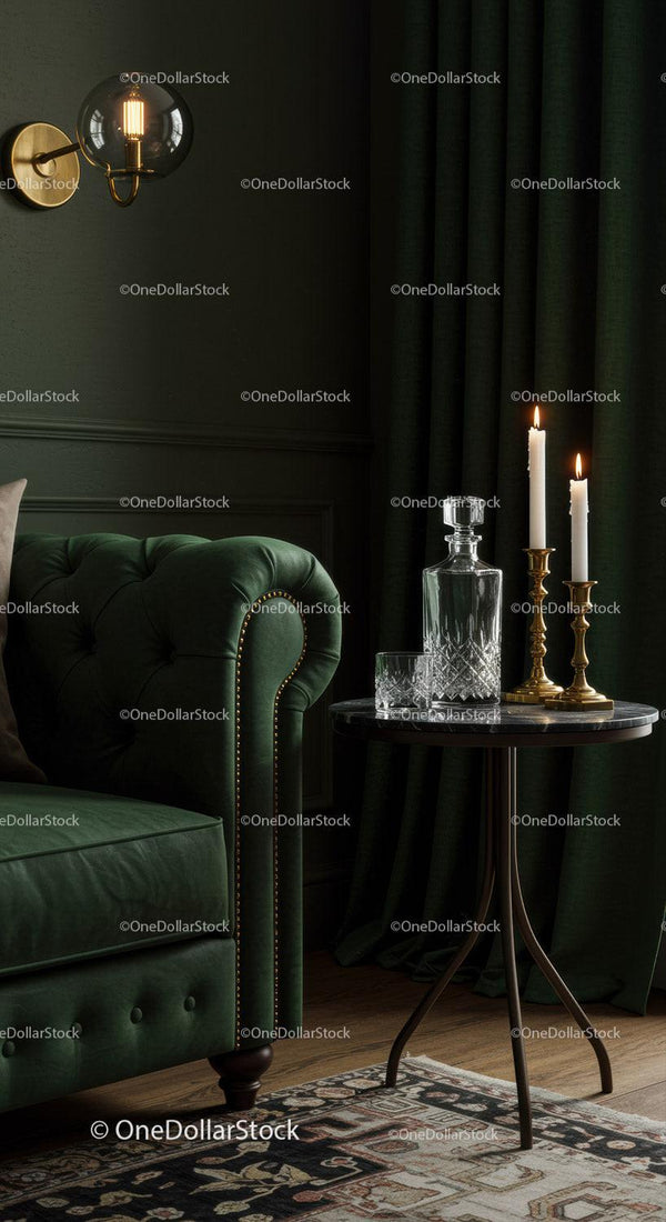 Elegant green velvet sofa with cozy candlelit corner