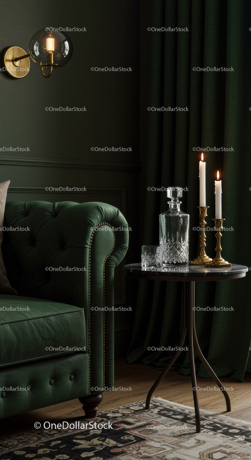 Elegancka zielona aksamitna sofa z przytulnym kącikiem oświetlonym świecami